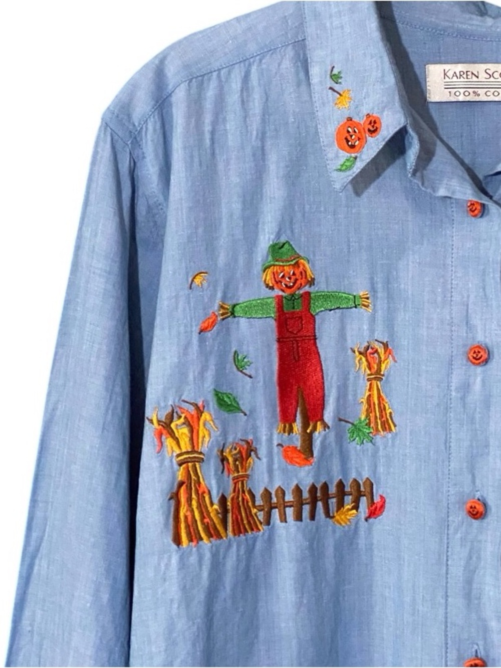 Vintage Chambray Halloween Pumpkin Shirt Sz 1X Embroidered Cotton Fall Teacher - Picture 5 of 8